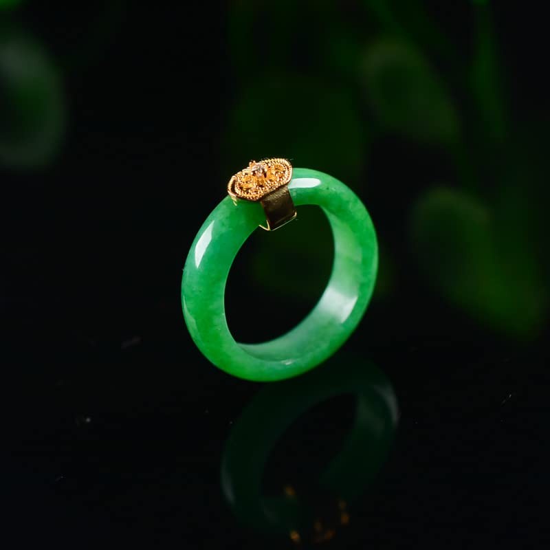Natural Jade Ring Woman Lucky Smooth Green Band Ring Gold