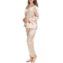GAESHOW Women Silk Pajamas Set Long Sleeve Ladies Satin PJ Sets Button-Down Pajama Sleepwear Loungewear S~XL (CA/US, Alpha, Small, Regular, Regular, Champagne)