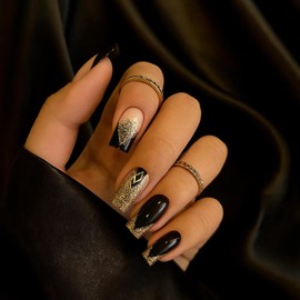 24pcs Short Square Press On Nails – Black French Tip False Nails with Gold Sequins – Stick On Fake for Women & Girls 12 Sizes with Art Tools