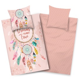 Aminata kids Bed Linen 135 x 200 cm Dreamcatcher Motif Girls Cotton Reversible Children's Bedding Set Dreamcatcher Feathers YKK Zip Pink