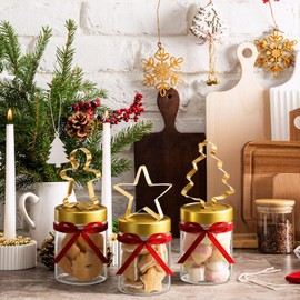 Tiangrid 3 Pcs 9.5 oz Christmas Glass Storage Jars with Red Velvet Ribbon Gingerbread Man Christmas Tree Gold Star Clear Canisters Sets with Metal Lid for Winter Xmas Home Kitchen Countertop Decor