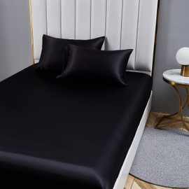 Damier Fitted Sheet 140 x 200 cm Black Satin Silk Glossy Flat Sheet High-Quality Deluxe Plain Fitted Sheet Suitable for Mattresses up to 30 cm