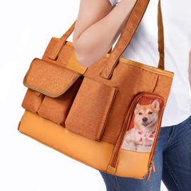 Johomviin Cat Carrier, Dog Carrier, Pet Carrier, Foldable Waterproof Premium PU Leather Oxford Cloth Dog Purse, Portable Bag Carrier for Small to Medium Cat and Small Dog-Brown