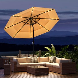 COSIEST 11FT 3 Tiers Patio Umbrella for Outside, Outdoor Umbrella with Solar LED Lights, Market Patio Table Umbrella with 8 Sturdy Ribs for Garden, Pool, Backyard