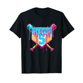 5th Birthday Softball Ice Cream Drip 5 Years Boy Girl Gift T-Shirt