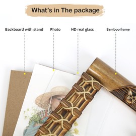 4x6" picture frame FOLKOR bohemian bamboo photo frame, handmade nature meets art commemorative frame, desktop Display, suitable for bedroom, living room, study, etc.