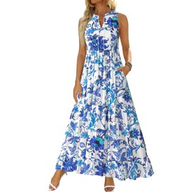 BTFBM Womens Summer Maxi Dresses 2025 Casual Sleeveless V Neck Loose Fit Floral Boho Dress Beach Long Sundress(White Blue Flower,Medium)