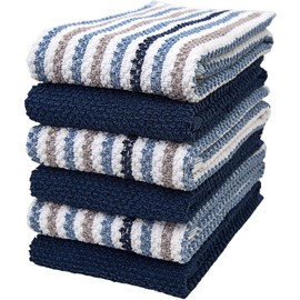 Premium Kitchen Towels (16”x 26”, 6 Pack) | Large Cotton Kitchen Hand Towels | Popcorn Striped Design | Dish Towels | 430 GSM Highly Absorbent Tea Towels Set with Hanging Loop | Blue