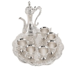 Turkish Tea Set with Teapot and Tray, 7 Piece Vintage Silver Metal Pot with Tray & 6 Saucer Cups Vintage Style Serving Gift Set for Adults