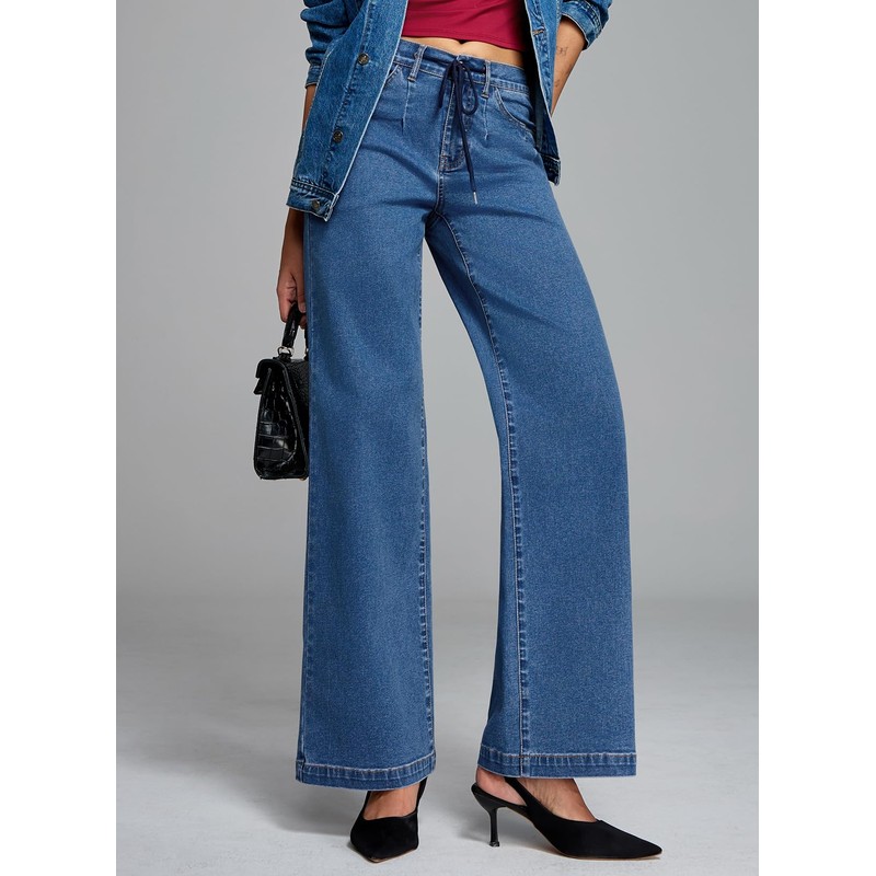 Sidefeel Women's Wide Leg Jeans Drawstring Baggy High Waisted Stretchy