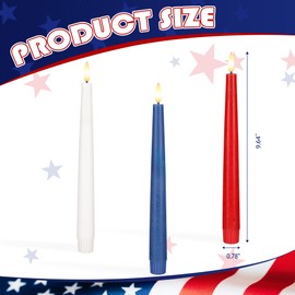 Patriotic Candles, Flameless Taper Candles with 3D Wick, 9.6" Real Wax Red White and Blue Candles with Remote and Timer, 4th of July Led Candles, Battery Operated Candles, Fake Candles, 3 Pack