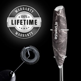 PowerLix Milk Frother Handheld Battery Operated Electric Whisk Foam Maker For Coffee, Latte, Cappuccino, Hot Chocolate, Durable Mini Drink Mixer With Stainless Steel Stand Included (Black Marble)