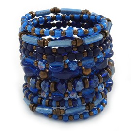 Avalaya Wide Coiled Ceramic, Acrylic, Glass Bead Bracelet (Blue, Brown) - Adjustable