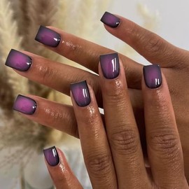 SXVME Uñas postizas cuadradas cortas, con degradado morado y negro, uñas postizas francesas, calidad de salón, uñas postizas de gel suave reutilizable