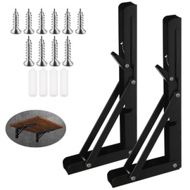 Swpeet 2 Pack 10" Folding Shelf Bracket, Heavy Duty DIY Wall Mounted Shelf Bracket Max Load 220 lb, Stainless Steel Decorative L Bracket Kit Contains 16/19MM Screw, Anchors for Table Work Bench, Black