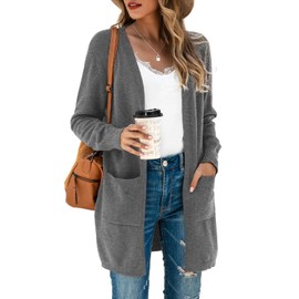 TASAMO Womens Cardigans Open Front with Pockets Side Split Draped Casual Knit Sweaters(Large, Gray)
