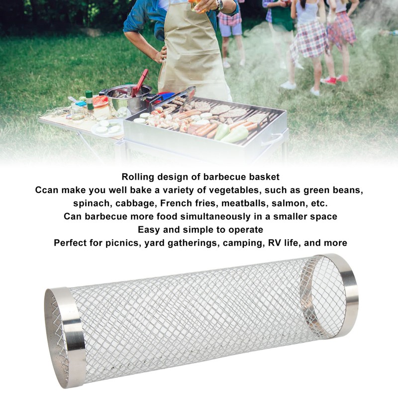 Stainless Steel Rolling Grilling Basket Wire Mesh Cylinder Grill Basket