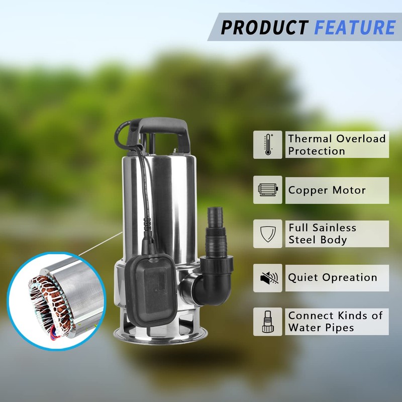 TOPWAY 1.5HP 4250GPH Stainless Steel Water Sump Pump, Clean/Dirty Submersible