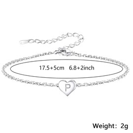 Funny S925 Silver 26 Letter Initial A-Z Heart Pendant Bracelet Gift For Daughter Sisters Friends Mum Birthday Christmas Adjustable Jewellery (P)