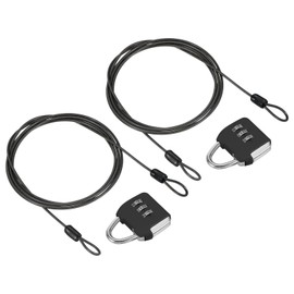 PATIKIL Security Steel Cable with 3 Digit Combination Lock, 2 Set Travel Padlock 6.6Ft Coated Safety Wire Rope Double Loop for Luggage Suitcase, Black