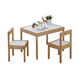 PJ Wood 3 Piece Solid Rubberwood Table and Chairs Set with Natural Finish, Rounded Edges and Corners, and Wipeable Dry Erase Surface