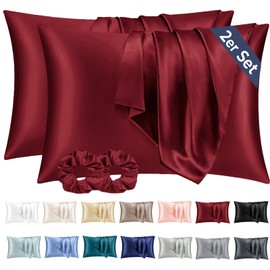 Vielit 2 Satin Pillowcases, 40 x 60 cm, Red, Soft as Silk Pillowcases, Better Care Than Silk Pillowcases, for Hair and Skin, with 2 Hair Scrunchies
