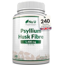 Nu U Nutrition Psyllium Husk Fibre Supplement - 1400mg per Serving - 240 Vegan Capsules - Natural Soluble Prebiotic Fiber from Plantago Ovata Seeds - Made in The UK - Nu U Nutrition