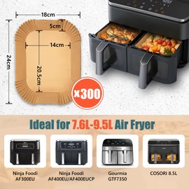 Pack of 300 Baking Parchment Paper for Ninja Dual Hot Air Fryer, 20.5 x 14 cm, Stone TH Airfryer with Double Chamber, Parchment Paper Liner, Compatible with Ninja AF300EU AF400EU SL400EU AF500EU