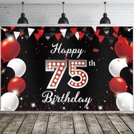 JOYKY Happy 75th Birthday Banner, Red Black Happy 75th Birthday Party Decorations for Men Women, 75 Year Old Birthday Supplies Backdrop Décor, 5.9 X 3.8 Fts