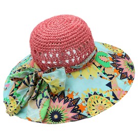 Anopo Straw Sun Hat BohemianFloral Floppy Summer Beach Cap with Bow UV Protection Wide Brim Folding Visor Hat Travel Outdoors B Pink
