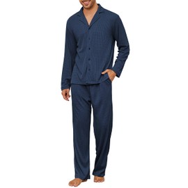 Andeip Men's pajamas Waffle Knit Long Sleeve Pjs Set 2 Piece Pajama Sets Loose Fit Button Down Matching Loungwear Navy Blue L