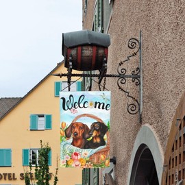 Cute Dachshund Dog Puppy Lovers Spring Flowers Florals Garden Flag Welcome Party Outdoor Outside Decorations Picks Home House Garden Yard Decor 12x18 Inch