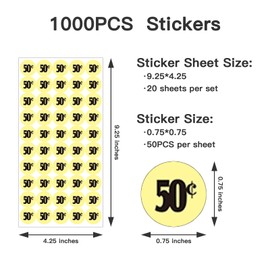 DUGUTUL 1000 pcs 50 Cent Color-Coded Price Stickers for Garage Sale and Flea Market, 3/4" Diameter - Bold Fonts, Clear Visibility, High Visibility, Easy Organization