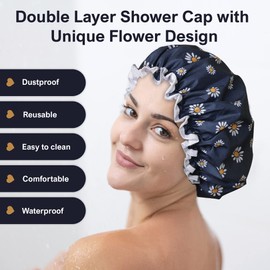 SARG Premium Double Layer Shower Cap for Women with Unique Flower Design- Reusable Shower Cap for Hair - Waterproof Plastic Cap - Shower Caps for Long, Short and Curly Hairs