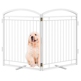 Full Metal Free Standing Dog Gate with Door for Indoor Outdoor, 48'' Extra Wide 32'' Tall Dog Gate for Doorways,Large Openings,Decks,Pet Puppy Freestanding Safety Fence(2 Panels,White)