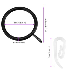 JEUIHAU 100 Pack Curtain Rings and Hooks, 33 mm Black Metal Curtain Rings Drapery Curtain Rings Metal Curtain Rings Curtain Rod Rings for Window, Door and Shower Curtain