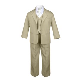 6pc Boy Khaki Vest Set Formal Tuxedo Suits with Satin Ivory Necktie Baby to Teen (S:(0-6 Months))