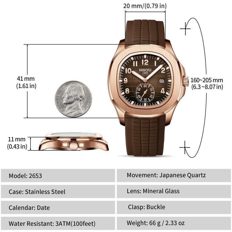 NIBOSI Men's Analog Watch, Brown Silicone Strap, Date Display