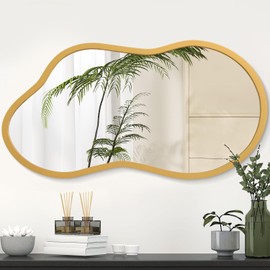 AAZZKANG Gold Asymmetrical Mirror with Wooden Frame Irregular Decorative Wall Mirrors for Bedroom Dressing Room Living Room Bathroom Entryway Small
