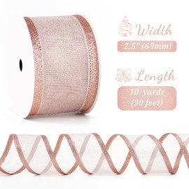 LIZLOVESS Rose Gold Christmas Ribbon Wired 2.5 Inch Metallic Rose Gold Wired Ribbon with Glitter Stripe, Pink Ribbon for Christmas Tree, Wreaths Supplies, Swag, Garland, Holiday Decor - 10 Yards