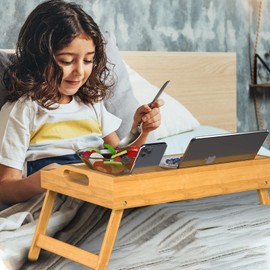 Bed Tray Table with Handles Folding Legs,Bamboo Breakfast Food Tray with Media Slot,Use As Platter,Laptop Desk,Snack,TV Tray Kitchen Serving Tray(Beige,Medium)