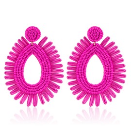 Raffia Statement Beaded Earrings Boho - Handmade Teardrop Dangle Earrings for Summer Beach Vacation (Hot Pink)