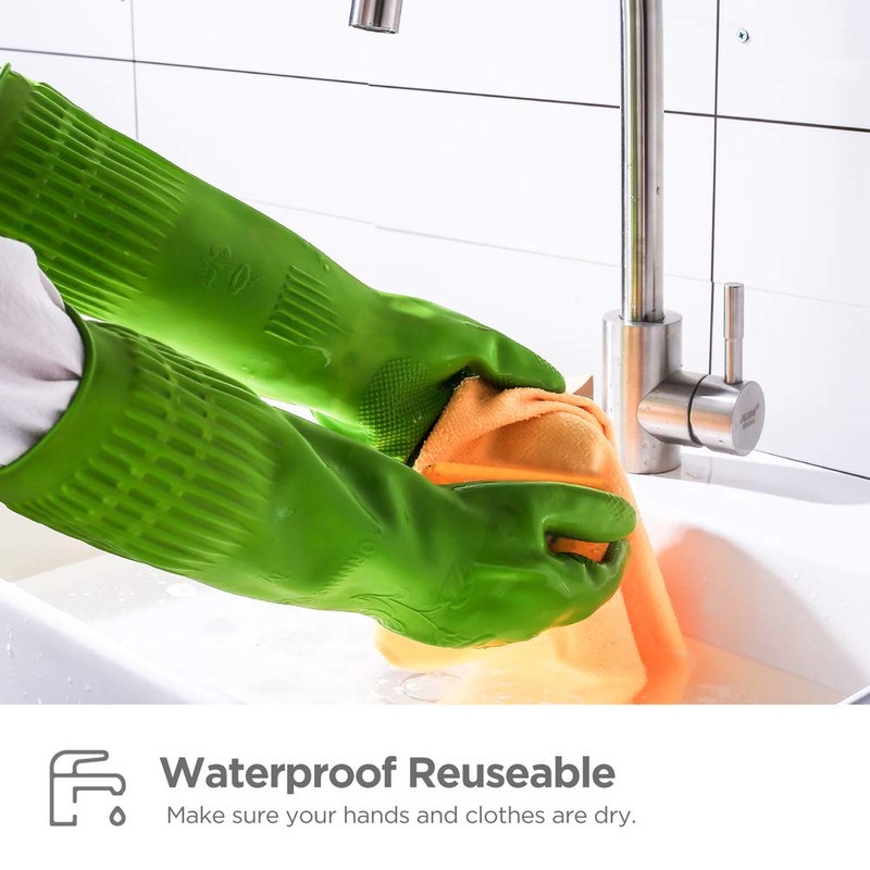 YSLON Rubber Dishwashing Glove Kitchen Cleaning Gloves 3-Pairs,Waterproof Reuseable.(Green,Medium)
