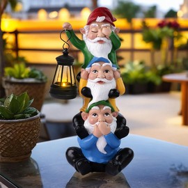 Chambtalie Funny Garden Gnome Statues with Solar Lights Outdoor Decorations, Triple Gnome Statues Unseen Unheard Unspeak Sculptures Outdoor Patio Lawn Yard Garden Decor Housewarming Gifts
