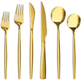 Astercook Silverware Set 48-Piece Gold Flatware Set with Steak Knives Food-Grade Stainless Steel Cutlery Set for 8 Mirror Polished Utensils Set for Home Kitchen Restaurant