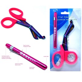 Heavy Duty Reusable Penlight + Fluoride Coated Nurse Doctor Medical Paramedic Trauma Shears Scissors 7.25" (A2ZSCILAB) (PINK MULTI RAINBOW COLOR)