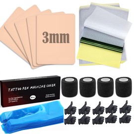 Tattoo Skin Practice Kit, Urknall 229pcs Tattoo Kit 5pcs 3mm Thick Fake Skin 10pcs Transfer Paper 200pcs Tattoo Machine Covers 4pcs Grip Tape 10pcs Gloves(5pair) Tattoo Kit For Practice and Protection