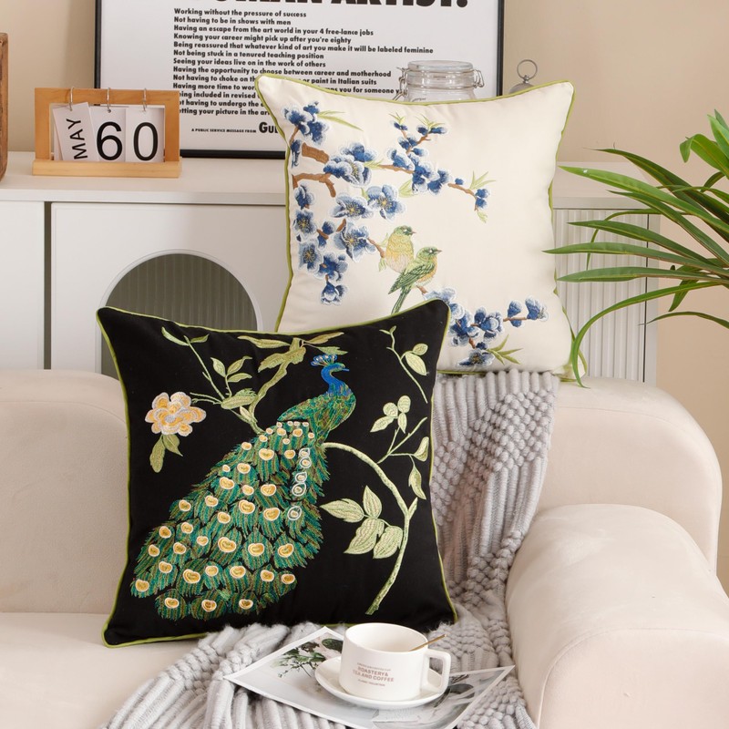 Holibeat Spring Embroidered Birds Tree Throw Pillow Covers Peacock Decorative