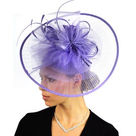 C.C Cocktail Sinamay Fascinator Headband Feather & Flower Design, A Lilac