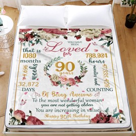 90th Happy Birthday Blanket for Woman-90th Birthday Decorations for Women, 90 Year Old Birthday Gift Ideas for Her, Wife, Daughter, Sister, Friend, Flower Soft Throw Blanket 50" X 60"…